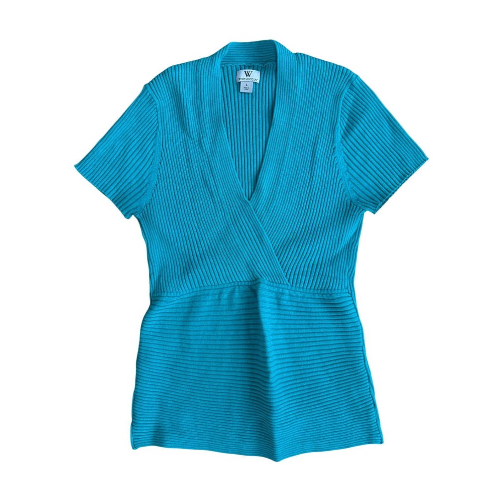 Vintage Y2K Turquoise Ribbed Silk Blend Wrap Top Womens Large boho babydoll